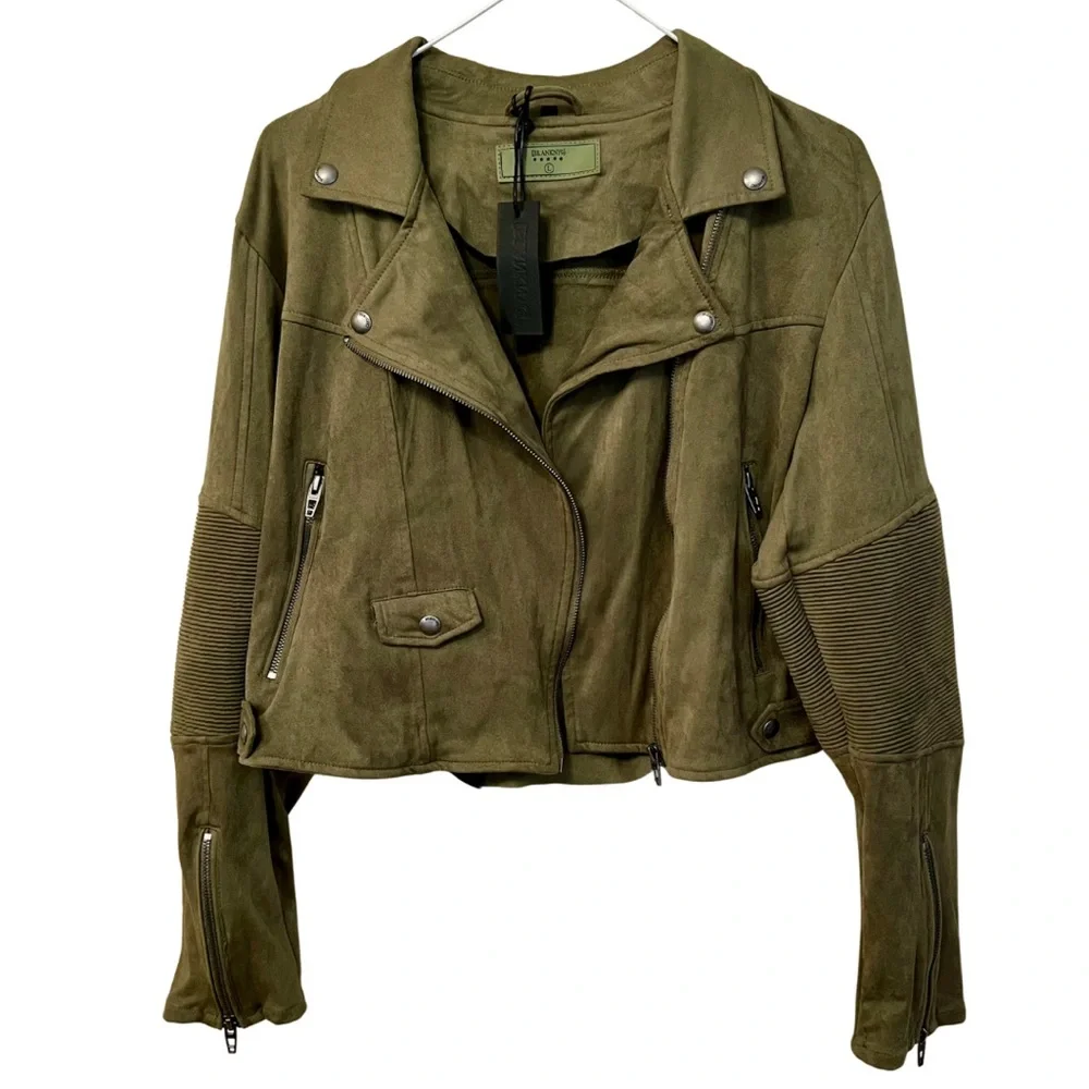 Blank NYC Faux Suede Moto Jacket in Olive Green β’ Size Large β’ NEW WITH TAGS - Picture 3 of 7
